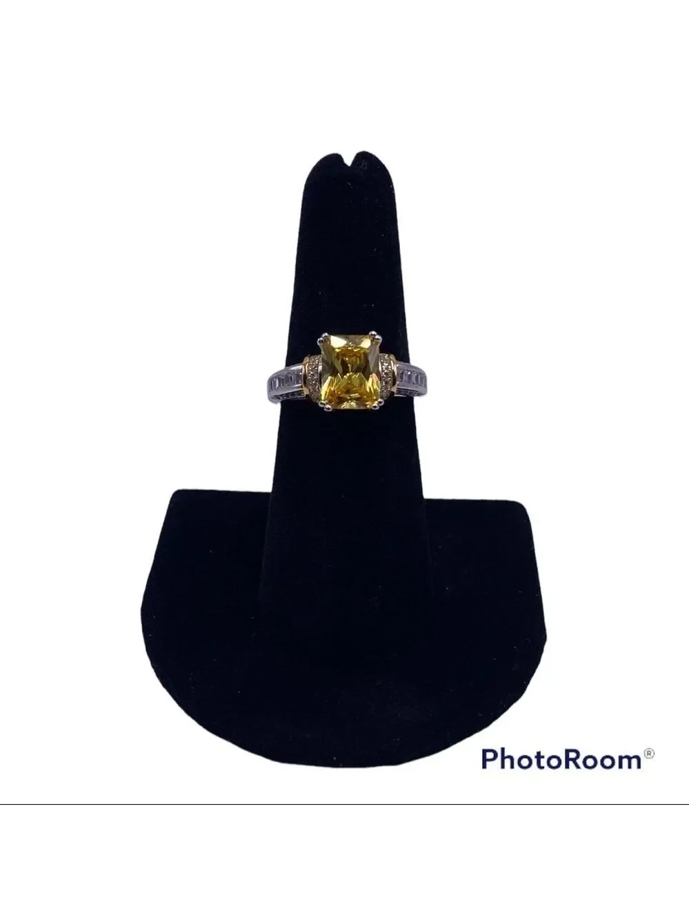 Sterling Silver Two Tone Gold Plated Emerald Cut Yellow CZ Ring - Size 7, NWT